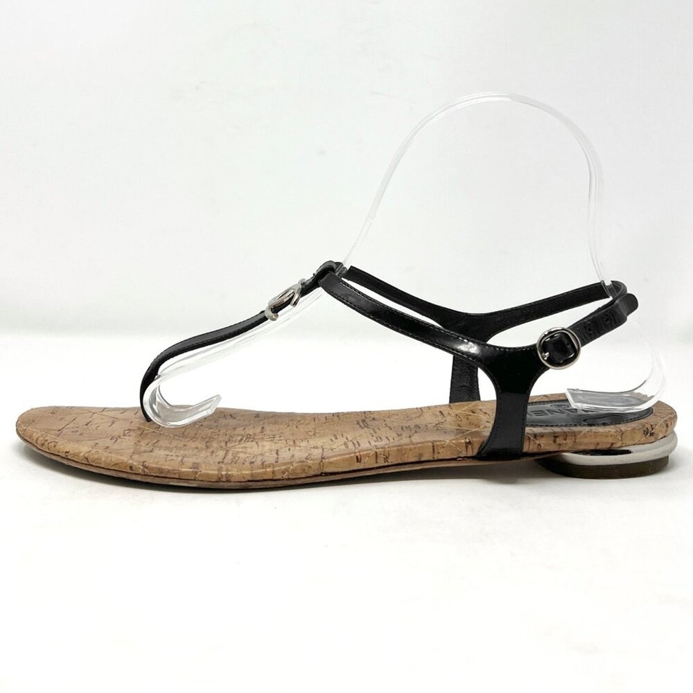 Chanel‎ Black Patent Thong Sandals CC Cork Sole Flat Sandals 40.5 - Picture 2 of 9